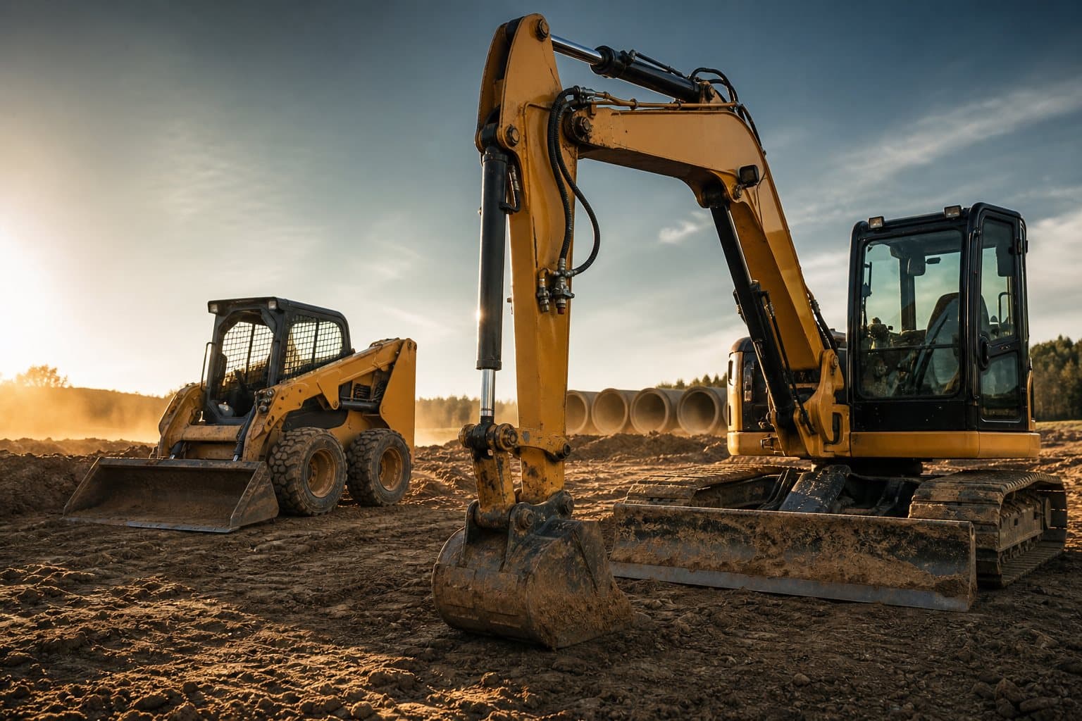 Excavator on a job site at dawn