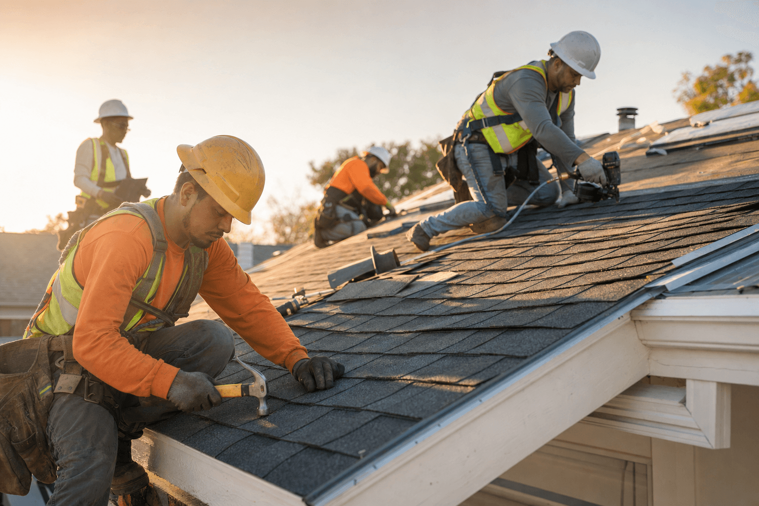Roofing crew of several workers on a home at golden hour